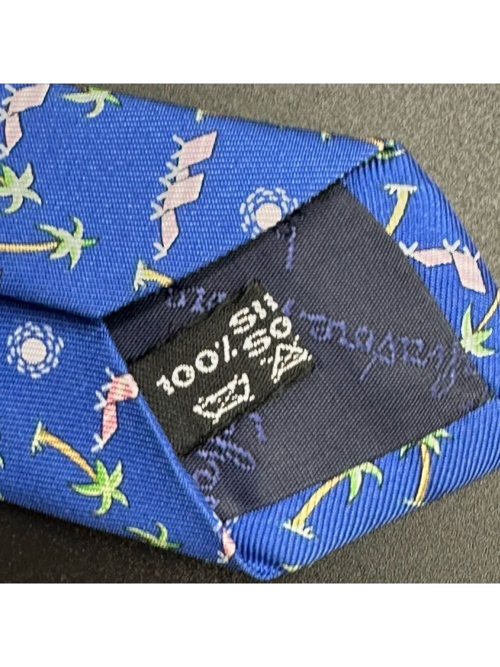 Ferragamo Silk Tie Blue Pink & Green with Palm Trees Lounge Chairs & the Sun - Picture 10 of 16